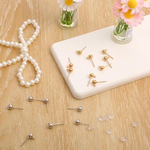 120 PCS Ball Studs with Loop for Jewelry Making, Round Ball Earring Posts Balls Post with 200PCS Clear Earring Backs for DIY Jewelry Making (Silver, Gold) in Saudi Arabia