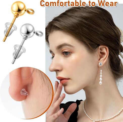 120 PCS Ball Studs with Loop for Jewelry Making, Round Ball Earring Posts Balls Post with 200PCS Clear Earring Backs for DIY Jewelry Making (Silver, Gold) in Saudi Arabia
