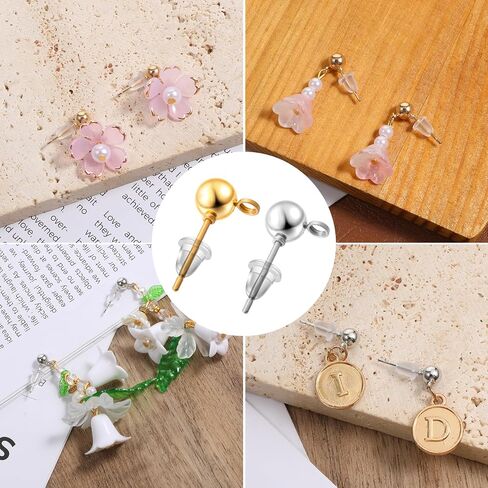 120 PCS Ball Studs with Loop for Jewelry Making, Round Ball Earring Posts Balls Post with 200PCS Clear Earring Backs for DIY Jewelry Making (Silver, Gold) in Saudi Arabia