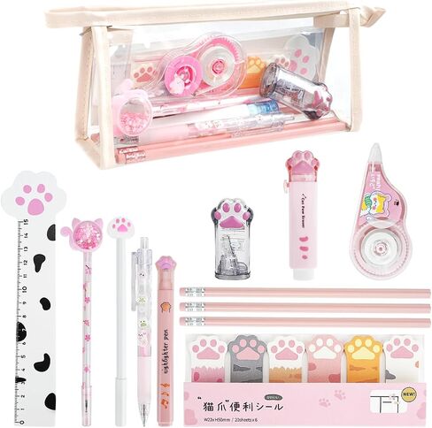 13 Pcs Cute Cat Paw Stationery Set, Kawaii Cartoon Mini Pencil Roller, Retractable Eraser, Correction Tape, Push Up Dotting Pens, Ruler, Sticky Notes, Highlighters for Kids Cat Lovers in Kuwait