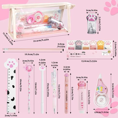 13 Pcs Cute Cat Paw Stationery Set, Kawaii Cartoon Mini Pencil Roller, Retractable Eraser, Correction Tape, Push Up Dotting Pens, Ruler, Sticky Notes, Highlighters for Kids Cat Lovers in Kuwait