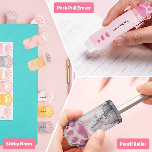 13 Pcs Cute Cat Paw Stationery Set, Kawaii Cartoon Mini Pencil Roller, Retractable Eraser, Correction Tape, Push Up Dotting Pens, Ruler, Sticky Notes, Highlighters for Kids Cat Lovers in Kuwait
