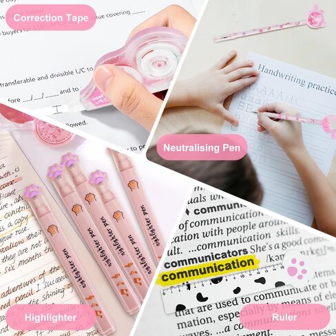 13 Pcs Cute Cat Paw Stationery Set, Kawaii Cartoon Mini Pencil Roller, Retractable Eraser, Correction Tape, Push Up Dotting Pens, Ruler, Sticky Notes, Highlighters for Kids Cat Lovers in Kuwait