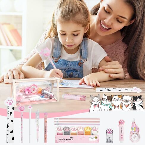 13 Pcs Cute Cat Paw Stationery Set, Kawaii Cartoon Mini Pencil Roller, Retractable Eraser, Correction Tape, Push Up Dotting Pens, Ruler, Sticky Notes, Highlighters for Kids Cat Lovers in Kuwait