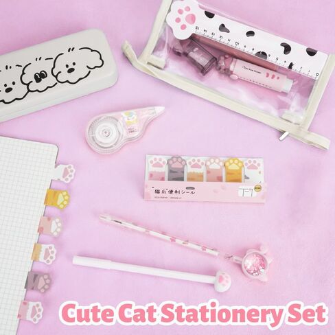 13 Pcs Cute Cat Paw Stationery Set, Kawaii Cartoon Mini Pencil Roller, Retractable Eraser, Correction Tape, Push Up Dotting Pens, Ruler, Sticky Notes, Highlighters for Kids Cat Lovers in Kuwait
