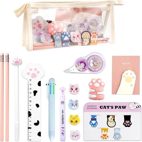 13 Pcs Cute Cat Paw Stationery Set, Kawaii Cartoon Mini Pencil Roller, Retractable Eraser, Correction Tape, Push Up Dotting Pens, Ruler, Sticky Notes, Highlighters for Kids Cat Lovers in Kuwait