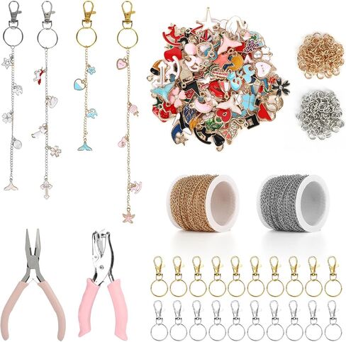 224 PCS Lip Gloss Charm Charm Cynchain Set ، مجموعة مفاتيح محلية الصنع ، سحر لمعان الشفاه 100 ، 20 سلسلة مفاتيح ، واحدة من المجوهرات ، 1 Puncher ، سلسلة لفات 16.5 قدم ، 100 حلقات قفز ، للحصول على هدايا المجوهرات الحرفية in Kuwait