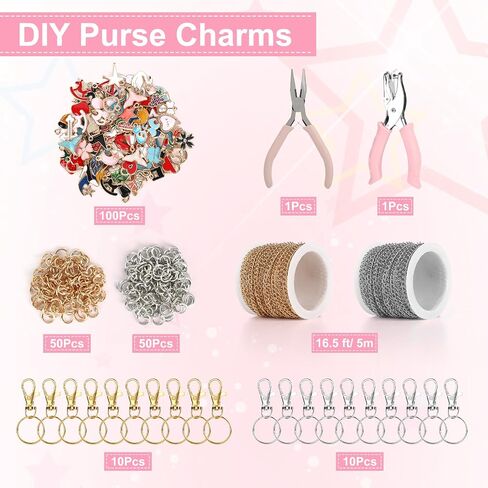 224 PCS Lip Gloss Charm Charm Cynchain Set ، مجموعة مفاتيح محلية الصنع ، سحر لمعان الشفاه 100 ، 20 سلسلة مفاتيح ، واحدة من المجوهرات ، 1 Puncher ، سلسلة لفات 16.5 قدم ، 100 حلقات قفز ، للحصول على هدايا المجوهرات الحرفية in Kuwait