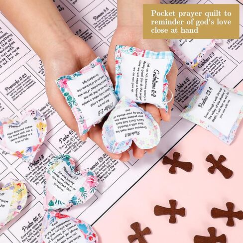 Anglechic 96 Pcs 48 Set Pocket Prayer Quilt Squares Panel DIY Prayer Cloth with Wooden Crosses Mini Scripture Religious Spiritual Gift Easter Reward Gift for Teachers Friends Family Christians in Saudi Arabia