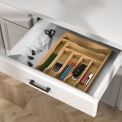Bamboo Drawer Organizer Set, 5-PCS Adjustable Kitchen & Office Drawer Organizers, Multipurpose Storage Trays for Utensils, Makeup, Jewelry, Bathroom & Desk Accessories in Saudi Arabia