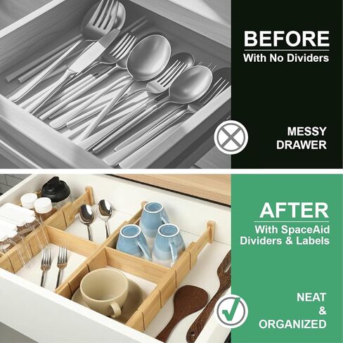 4 Pack Bamboo Drigher Dividers مع إدراج وعلامات-منظمي درج المطبخ القابل للتعديل ، حلول تخزين قابلة للتوسيع للمنزل ، المكتب ، الملابس (17-22 بوصة) in Kuwait