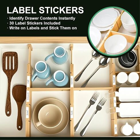 4 Pack Bamboo Drigher Dividers مع إدراج وعلامات-منظمي درج المطبخ القابل للتعديل ، حلول تخزين قابلة للتوسيع للمنزل ، المكتب ، الملابس (17-22 بوصة) in Kuwait