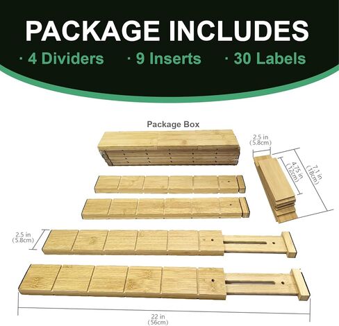 4 Pack Bamboo Drigher Dividers مع إدراج وعلامات-منظمي درج المطبخ القابل للتعديل ، حلول تخزين قابلة للتوسيع للمنزل ، المكتب ، الملابس (17-22 بوصة) in Kuwait