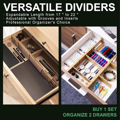 4 Pack Bamboo Drigher Dividers مع إدراج وعلامات-منظمي درج المطبخ القابل للتعديل ، حلول تخزين قابلة للتوسيع للمنزل ، المكتب ، الملابس (17-22 بوصة) in Kuwait