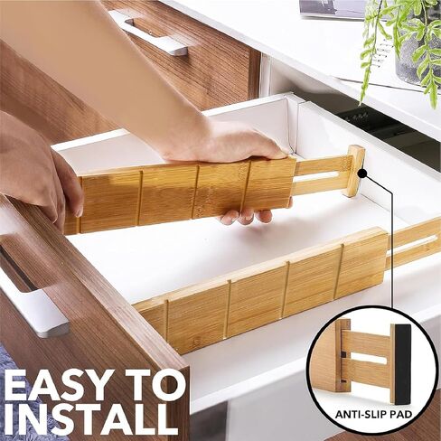 4 Pack Bamboo Drigher Dividers مع إدراج وعلامات-منظمي درج المطبخ القابل للتعديل ، حلول تخزين قابلة للتوسيع للمنزل ، المكتب ، الملابس (17-22 بوصة) in Kuwait