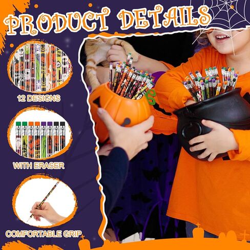 Qilery 600 Pcs Halloween Pencils with Eraser Fun Assortment Colorful Wood Pencils 12 Design Halloween Themed Spooky Ghost Pumpkin Bat Spider for Prize Party Favor Birthday Party Supplies in Saudi Arabia