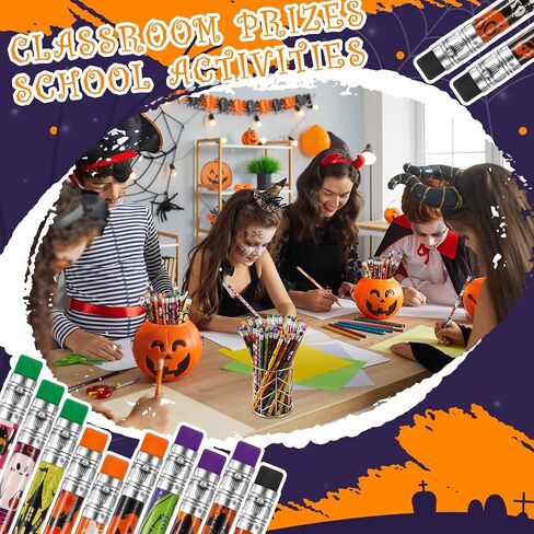 Qilery 600 Pcs Halloween Pencils with Eraser Fun Assortment Colorful Wood Pencils 12 Design Halloween Themed Spooky Ghost Pumpkin Bat Spider for Prize Party Favor Birthday Party Supplies in Saudi Arabia