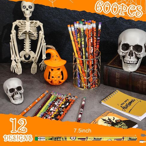 Qilery 600 Pcs Halloween Pencils with Eraser Fun Assortment Colorful Wood Pencils 12 Design Halloween Themed Spooky Ghost Pumpkin Bat Spider for Prize Party Favor Birthday Party Supplies in Saudi Arabia