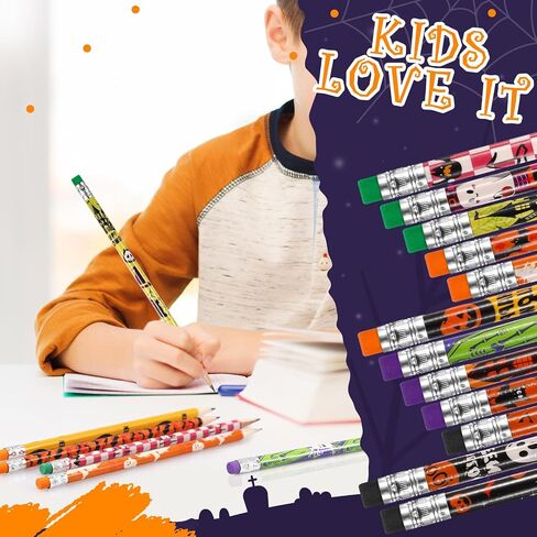 Qilery 600 Pcs Halloween Pencils with Eraser Fun Assortment Colorful Wood Pencils 12 Design Halloween Themed Spooky Ghost Pumpkin Bat Spider for Prize Party Favor Birthday Party Supplies in Saudi Arabia