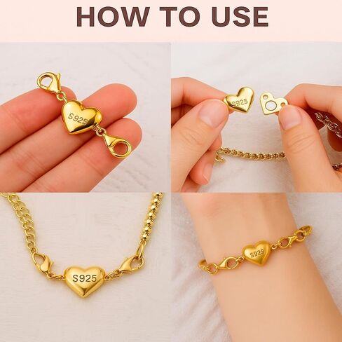 925 Sterling Silver Necklace Chain Extender with Heart Clasp Magnetic Clasp Strong Bracelet Pracelet for Women (Gold & Silver) in Saudi Arabia