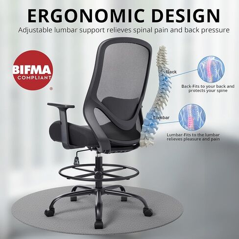 HYLONE 400lbs Drafting Chair Adjustable High Back Computer Office Chair with Lumbar Support Standing Desk Chair Heavy Duty Big Tall Drafting Stool for Artists with Adjustable Footrest in Kuwait