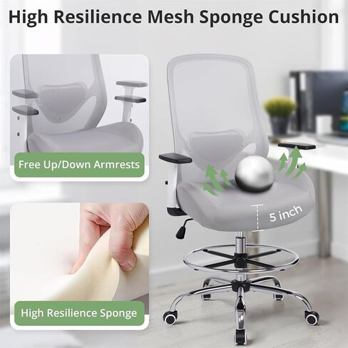 HYLONE 400lbs Drafting Chair Adjustable High Back Computer Office Chair with Lumbar Support Standing Desk Chair Heavy Duty Big Tall Drafting Stool for Artists with Adjustable Footrest in Kuwait