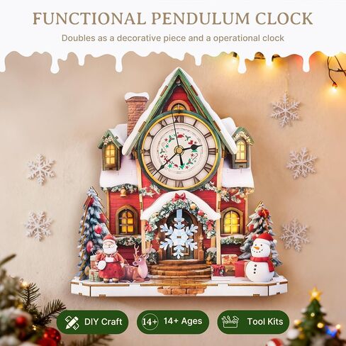 Kaayee 3D اللغز للبالغين ، وعيد الميلاد الخشبي الثلج المقصورة مقصورة على مدار الساعة طقم ، 73 PCS DIY Vintage Wall Clock ، هدية Creative Craft لعيد الميلاد ديكور المنزل (البطارية غير مدرجة) in Kuwait