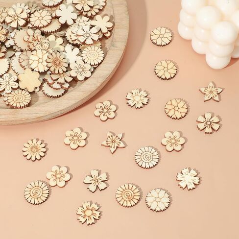 Grevosea 100 Pcs Unfinished Wooden Flowers, Blank Wood Crafts Flower Leaf Pattern Wood Pieces Cutouts Handmade Crafts to Paint Home Wedding Ornaments Decoration in Saudi Arabia