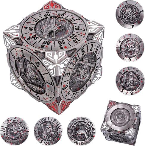 DND Spinner Dice-7-in-1 Metal Dice مع تصميم Dragon ثلاثي الأبعاد | تصميم الدوار الفريد للأبراج المحصنة والتنين | Fantasy RPG Polyhedral Dice تم تعيينه لـ D&D Players & DM (الفضة الملطخة بالدم) in Kuwait