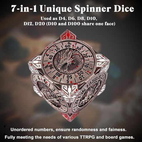 DND Spinner Dice-7-in-1 Metal Dice مع تصميم Dragon ثلاثي الأبعاد | تصميم الدوار الفريد للأبراج المحصنة والتنين | Fantasy RPG Polyhedral Dice تم تعيينه لـ D&D Players & DM (الفضة الملطخة بالدم) in Kuwait