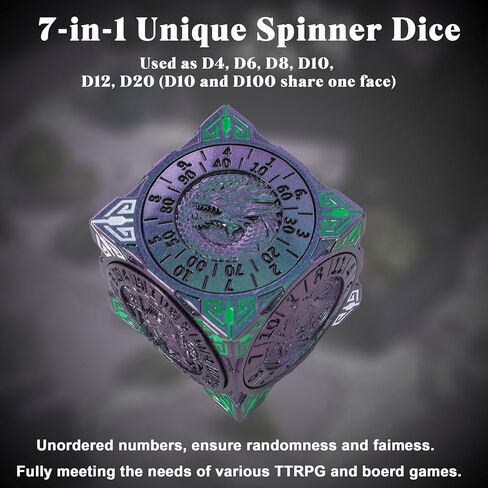DND Spinner Dice-7-in-1 Metal Dice مع تصميم Dragon ثلاثي الأبعاد | تصميم الدوار الفريد للأبراج المحصنة والتنين | Fantasy RPG Polyhedral Dice تم تعيينه لـ D&D Players & DM (الفضة الملطخة بالدم) in Kuwait