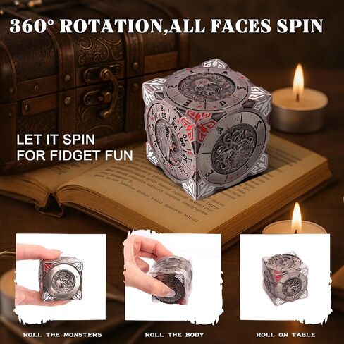 DND Spinner Dice-7-in-1 Metal Dice مع تصميم Dragon ثلاثي الأبعاد | تصميم الدوار الفريد للأبراج المحصنة والتنين | Fantasy RPG Polyhedral Dice تم تعيينه لـ D&D Players & DM (الفضة الملطخة بالدم) in Kuwait