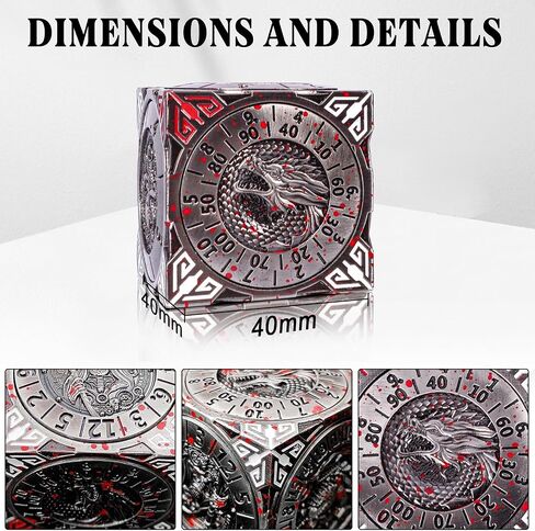 DND Spinner Dice-7-in-1 Metal Dice مع تصميم Dragon ثلاثي الأبعاد | تصميم الدوار الفريد للأبراج المحصنة والتنين | Fantasy RPG Polyhedral Dice تم تعيينه لـ D&D Players & DM (الفضة الملطخة بالدم) in Kuwait
