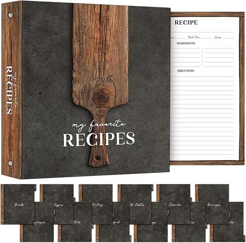 Kitchen Recipe Binder 11 x 12" - Wooden Pizza Peel Design with "My Favorite Recipes" Cover, 25 Clear Pages, 25 Recipe Sheets, 12 Color Dividers, Conversion Chart, Inspirational Quote on Back in Saudi Arabia