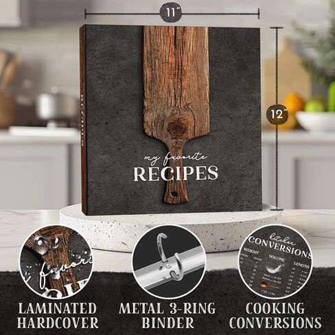 Kitchen Recipe Binder 11 x 12" - Wooden Pizza Peel Design with "My Favorite Recipes" Cover, 25 Clear Pages, 25 Recipe Sheets, 12 Color Dividers, Conversion Chart, Inspirational Quote on Back in Saudi Arabia