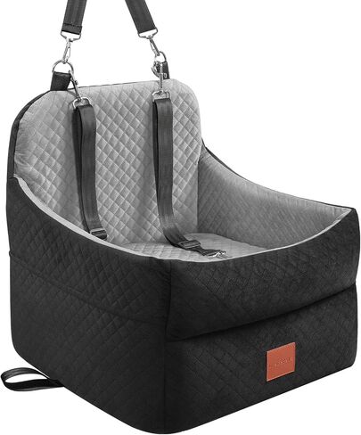 Dog Car Seat for Small/Medium Dogs Under 35lbs, Memory Foam Dog Booster Seats with Washable Removable Cover, Travel Portable Pet Car Seat with 2 Safety Belts and Storage Pockets (Black/Brown, Medium) in Saudi Arabia