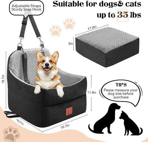 Dog Car Seat for Small/Medium Dogs Under 35lbs, Memory Foam Dog Booster Seats with Washable Removable Cover, Travel Portable Pet Car Seat with 2 Safety Belts and Storage Pockets (Black/Brown, Medium) in Saudi Arabia