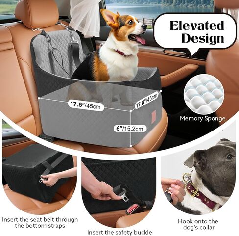 Dog Car Seat for Small/Medium Dogs Under 35lbs, Memory Foam Dog Booster Seats with Washable Removable Cover, Travel Portable Pet Car Seat with 2 Safety Belts and Storage Pockets (Black/Brown, Medium) in Saudi Arabia
