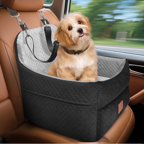 Dog Car Seat for Small/Medium Dogs Under 35lbs, Memory Foam Dog Booster Seats with Washable Removable Cover, Travel Portable Pet Car Seat with 2 Safety Belts and Storage Pockets (Black/Brown, Medium) in Saudi Arabia