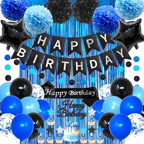Blue and Black Birthday Decorations, 50PCS Happy Birthday Decorations for Men with Banner Balloons Sash Foil Fringe Curtain Paper Pompoms, Blue Party Decoration Party Supplies for Boys Kids in Kuwait