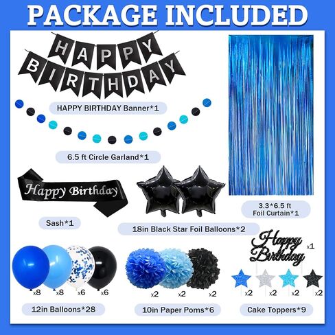 Blue and Black Birthday Decorations, 50PCS Happy Birthday Decorations for Men with Banner Balloons Sash Foil Fringe Curtain Paper Pompoms, Blue Party Decoration Party Supplies for Boys Kids in Kuwait