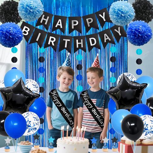 Blue and Black Birthday Decorations, 50PCS Happy Birthday Decorations for Men with Banner Balloons Sash Foil Fringe Curtain Paper Pompoms, Blue Party Decoration Party Supplies for Boys Kids in Kuwait