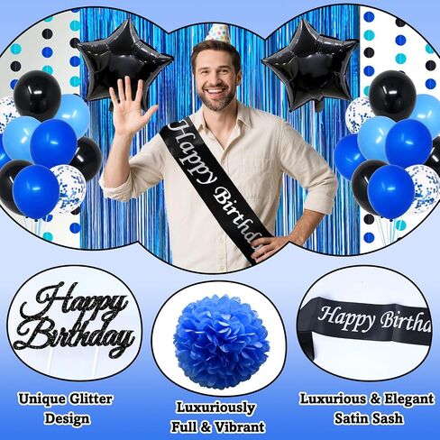 Blue and Black Birthday Decorations, 50PCS Happy Birthday Decorations for Men with Banner Balloons Sash Foil Fringe Curtain Paper Pompoms, Blue Party Decoration Party Supplies for Boys Kids in Kuwait