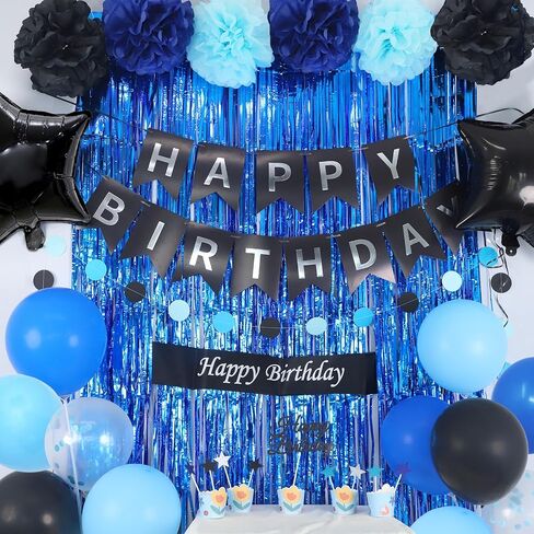 Blue and Black Birthday Decorations, 50PCS Happy Birthday Decorations for Men with Banner Balloons Sash Foil Fringe Curtain Paper Pompoms, Blue Party Decoration Party Supplies for Boys Kids in Kuwait