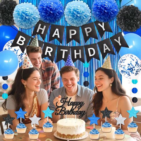 Blue and Black Birthday Decorations, 50PCS Happy Birthday Decorations for Men with Banner Balloons Sash Foil Fringe Curtain Paper Pompoms, Blue Party Decoration Party Supplies for Boys Kids in Kuwait