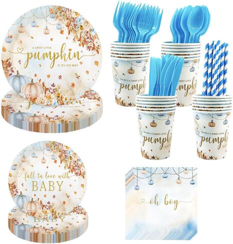 192 pcs Pumpkin Baby Shower Decorations Fall Pumpkin Oh Baby Party Plates for Boys A Little Pumpkin is On His Way Autumn Baby Shower Paper Plates Napkins Disposable Dinnerware Serves 24 Guests in Saudi Arabia