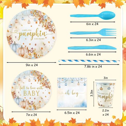 192 pcs Pumpkin Baby Shower Decorations Fall Pumpkin Oh Baby Party Plates for Boys A Little Pumpkin is On His Way Autumn Baby Shower Paper Plates Napkins Disposable Dinnerware Serves 24 Guests in Saudi Arabia