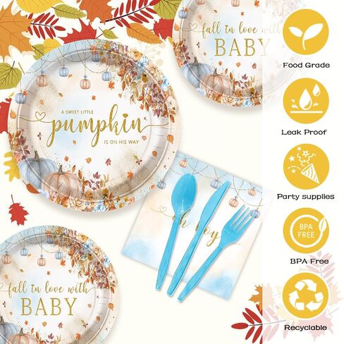 192 pcs Pumpkin Baby Shower Decorations Fall Pumpkin Oh Baby Party Plates for Boys A Little Pumpkin is On His Way Autumn Baby Shower Paper Plates Napkins Disposable Dinnerware Serves 24 Guests in Saudi Arabia