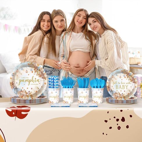 192 pcs Pumpkin Baby Shower Decorations Fall Pumpkin Oh Baby Party Plates for Boys A Little Pumpkin is On His Way Autumn Baby Shower Paper Plates Napkins Disposable Dinnerware Serves 24 Guests in Saudi Arabia