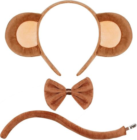 hoyuwak 3PCS Monkey Ears and Tail Accessory Set Monkey Ears Headband Tail Bow Costume Set for Women Men Halloween Cosplay Brown in Saudi Arabia
